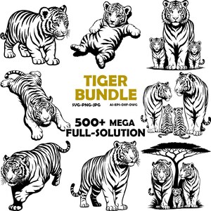 Könnte beinhalten: Eine digitale Sammlung von schwarz-weißen Tiger-Illustrationen in verschiedenen Posen, darunter Jungtiere und ausgewachsene Tiere. Der zentrale Text lautet TIGER BUNDLE SVG-PNG-JPG AI-EPS-DXF-DWG 500+ MEGA FULL-SOLUTION mit mehreren Tiger-Designs.