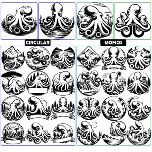 May include: A collection of black and white graphic illustrations featuring octopuses in various settings, including mountains, forests, and waves. The designs are organized into two main categories labeled CIRCULAR and MONOS, showcasing diverse octopus poses and natural landscapes.