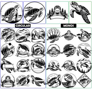 Puede incluir: Una colección de ilustraciones gráficas en blanco y negro con tortugas marinas en diversos entornos, incluyendo marcos circulares, paisajes montañosos, escenas forestales y patrones de bandera estadounidense, con pancartas en blanco.