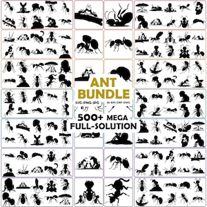 Könnte beinhalten: Eine digitale Sammlung schwarzer Ameisensilhouetten in einem Raster, die verschiedene Posen und Aktivitäten zeigen. Der zentrale Text lautet ANT BUNDLE, SVG-PNG-JPG, AI-EPS-DXF-DWG und 500+ MEGA FULL-SOLUTION, in einem klaren Layout.