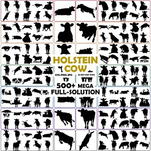 May include: A digital collection of over 500 black silhouette illustrations of Holstein cows in various poses, including standing, running, and grazing, with the text HOLSTEIN COW 500+ MEGA FULL-SOLUTION and file formats listed in the center.