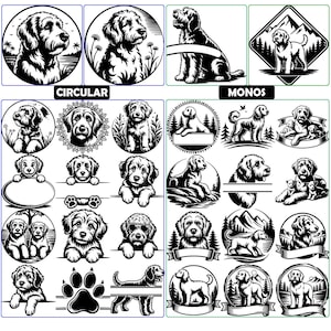Peut inclure: Une collection d'illustrations de chiens en noir et blanc dans divers styles. Les motifs comprennent des portraits circulaires, des monogrammes et des images avec des bannières, des empreintes de pattes et des scènes de montagne. Les mots "CIRCULAR" et "MONOS" sont écrits au-dessus des images.