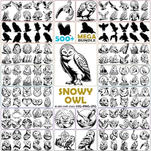 Könnte beinhalten: Eine Sammlung digitaler Designs zum Thema Eule in Schwarz und Weiß. Das Bild zeigt verschiedene Eulenillustrationen, Silhouetten und grafische Elemente. Der Text auf dem Bild lautet "500+ MEGA BUNDLE" und "SNOWY OWL". Formate: AI, EPS, DXF, DWG, SVG, PNG und JPG.
