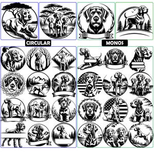 Puede incluir: Una colección de ilustraciones gráficas en blanco y negro con retratos y escenas de perros. Los diseños están organizados en dos secciones etiquetadas como CIRCULAR y MONOS, mostrando varias poses de perros, paisajes y pancartas.