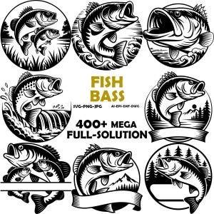 May include: Black and white illustrations of bass fish in various poses, including jumping and swimming. The designs are circular and include elements like water, trees, and a banner. Text reads "FISH BASS" and "400+ MEGA FULL-SOLUTION".