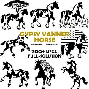 May include: A collection of black and white Gypsy Vanner horse illustrations in various poses. The image includes text that reads "GYPSY VANNER HORSE" and "200+ MEGA FULL-SOLUTION". The illustrations are in SVG, PNG, JPG, AI, EPS, and DXF formats.