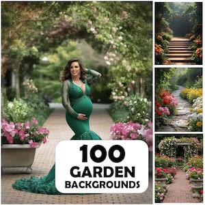 May include: A woman in a green gown poses in a garden setting. The image features a variety of garden backgrounds, including a brick pathway, floral archways, and stone walkways. Text on the image reads "100 GARDEN BACKGROUNDS."