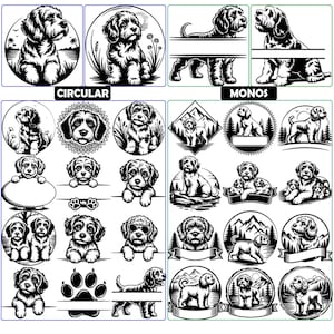 May include: A collection of black and white graphic illustrations featuring various dog designs, including circular frames, split monograms, and paw prints. The images are organised into two main sections labelled CIRCULAR and MONOS, showcasing dogs in nature, with mountains, and in various poses.