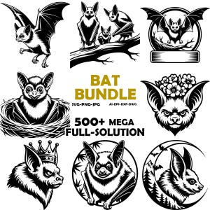 May include: A collection of black and white bat illustrations in various poses and designs. The image includes bats in flight, perched on branches, and within circular frames. Text reads "BAT BUNDLE" and "500+ MEGA FULL-SOLUTION".