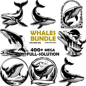 Pode incluir: Um gráfico de pacote de baleias em preto e branco com várias ilustrações de baleias. O texto "WHALES BUNDLE" e "400+ MEGA FULL-SOLUTION" também estão incluídos. As imagens estão nos formatos SVG, PNG, JPG, AI, EPS, DXF e DWG.