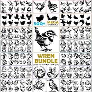 Könnte beinhalten: Eine digitale Sammlung von über 500 schwarz-weißen Zaunkönig-Illustrationen mit verschiedenen Posen, Silhouetten und kreisförmigen Designs. Die Grafik enthält den Text 500+ MEGA BUNDLE und WREN BUNDLE AI-EPS-DXF-DWG SVG-PNG-JPG in goldener Schrift.