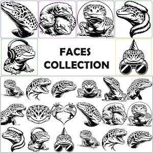 May include: A collection of black and white illustrations featuring leopard geckos in various poses and expressions, including some wearing headphones, party hats, and sunglasses, with the text FACES COLLECTION centred in the middle of the image.