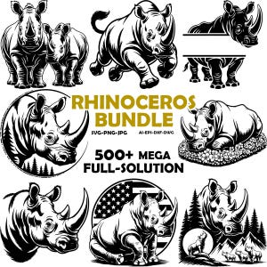 May include: A black and white rhinoceros bundle with various illustrations. The images include a rhino running, a rhino with a calf, and a rhino in a circle with the American flag. Text reads "RHINOCEROS BUNDLE" and "500+ MEGA FULL-SOLUTION."