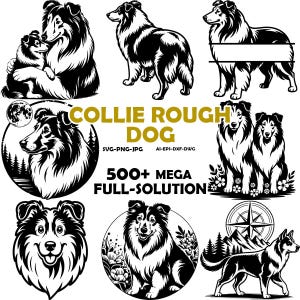 Pode incluir: Uma coleção de ilustrações em preto e branco de Collie Rough Dog em várias poses e estilos. O texto "COLLIE ROUGH DOG" e "500+ MEGA FULL-SOLUTION" estão incluídos. Formatos: SVG, PNG, JPG, AI, EPS e DXF.