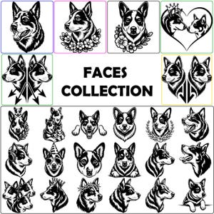 Könnte beinhalten: Eine Sammlung von schwarz-weißen Illustrationen mit verschiedenen Hundegesichtern, darunter Porträts mit Blumen, Herzen, Kronen, Partyhüten und Kopfhörern. Der Text FACES COLLECTION ist in der Mitte des Grafikbogens zentriert dargestellt.