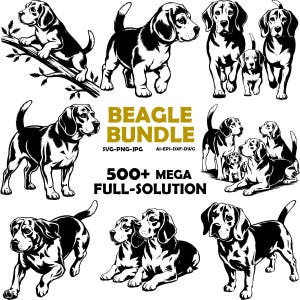 Pode incluir: Uma coleção de ilustrações em preto e branco de beagles em várias poses, incluindo em pé, andando e deitados. A imagem inclui o texto "BEAGLE BUNDLE" e "500+ MEGA FULL-SOLUTION".