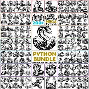 May include: A digital collection of over 200 black and white snake illustrations featuring various python designs, coiled poses, and natural settings. The graphic set includes the text 200+ MEGA BUNDLE and PYTHON BUNDLE with file formats AI-EPS-DXF-DWG SVG-PNG-JPG.