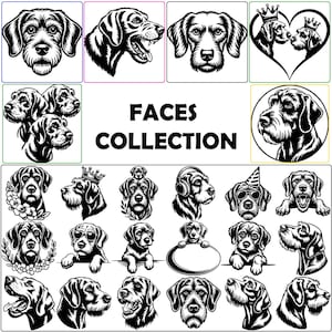 Puede incluir: Una colección de ilustraciones en blanco y negro con varios rostros y cabezas de perro. El conjunto gráfico incluye perros con accesorios como coronas, auriculares, gafas de sol y gorros de fiesta, junto al texto FACES COLLECTION.
