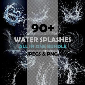 Pode incluir: Um pacote de arte digital com mais de 90 gráficos de respingos de água em várias formas e estilos. O texto na imagem diz "90+ WATER SPLASHES ALL IN ONE BUNDLE" e "JPEGS & PNG". Os respingos são em tons de branco e azul sobre um fundo preto.