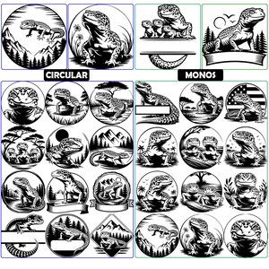 May include: A selection of monochrome gecko illustrations in circular and rectangular formats. Some designs feature mountain scenery, trees, and banners. The word "CIRCULAR" is printed at the top left, and "MONOS" is printed at the top right.