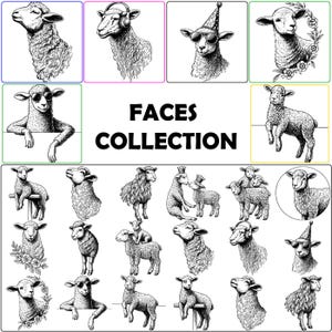 May include: A collection of black and white ink illustrations featuring various sheep in different poses, some wearing headphones, party hats, or sunglasses, and others surrounded by floral elements, with the text FACES COLLECTION centered.