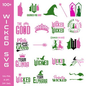 Paquete SVG con purpurina Wicked AND Wicked Change For Good, archivo PNG de la película Wicked 2024, clipart musical Wicked, bruja rosa y verde Png
