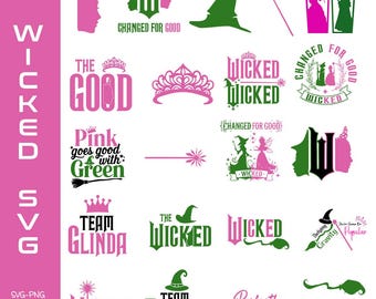 Paquete de SVG brillantes de Wicked AND Wicked Change For Good, archivo PNG de la película Wicked 2024, imágenes prediseñadas del musical Wicked, PNG de bruja rosa y verde
