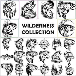 Könnte beinhalten: Eine Sammlung von Schwarz-Weiß-Illustrationen mit Fischen, Bergen, Bäumen und Kompassmotiven. Der Text "WILDERNESS COLLECTION" ist fett und schwarz dargestellt. Die Bilder sind in einem Raster angeordnet, passend für Outdoor- und Angelprodukte.