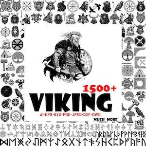 Pacchetto SVG PNG vichingo con 1500 file vettoriali per taglio laser, Cricut, artigianato, tatuaggi ecc.! Divinità norrene, nodi celtici, uso commerciale.