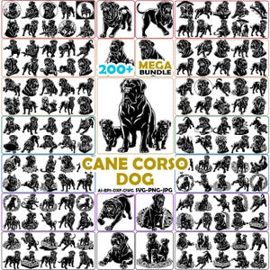 May include: A digital collection of over 200 black and white vector illustrations featuring Cane Corso dogs in various poses, including standing, sitting, and lying down, with text reading 200+ MEGA BUNDLE and CANE CORSO DOG AI-EPS-DXF-DWG SVG-PNG-JPG.
