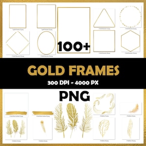 May include: A collection of gold frames and elements in various shapes, including rectangles, triangles, and circles. The image also features gold feather illustrations and the text "GOLD FRAMES" and "PNG".