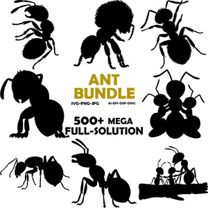 Peut inclure: Une collection de silhouettes de fourmis noires dans diverses poses, incluant des fourmis isolées et des groupes, avec le texte ANT BUNDLE SVG-PNG-JPG AI-EPS-DXF-DWG 500+ MEGA FULL-SOLUTION affiché au centre en lettres noires et dorées.