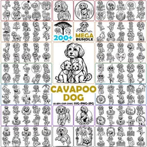 May include: A digital collection of over 200 black and white line art illustrations featuring Cavapoo dogs in various poses, activities, and settings, with the text 200+ MEGA BUNDLE and CAVAPOO DOG AI-EPS-DXF-DWG SVG-PNG-JPG displayed centrally.