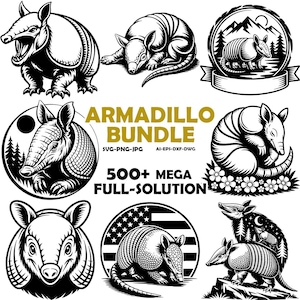 May include: A collection of black and white armadillo illustrations in various poses, including a bundle graphic with the text "ARMADILLO BUNDLE" and "500+ MEGA FULL-SOLUTION". The images feature detailed depictions of the animal.