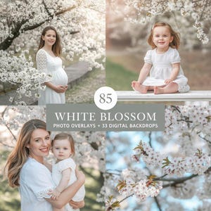 May include: A composite image featuring four scenes with white blossoms and people. The text "85 WHITE BLOSSOM PHOTO OVERLAYS + 33 DIGITAL BACKDROPS" is displayed. The scenes include a pregnant person, a child, and a mother with a child.
