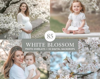 100 nakładek do Photoshopa z białymi kwiatami, wiosenne ramki kwiatowe, tła cyfrowe, pakiet nakładek kompozytowych do fotografii, rozmyta gałązka kwiatowa