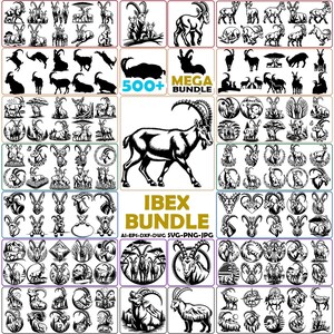 Peut inclure: Une collection numérique de plus de 500 illustrations d'ibex en noir et blanc, comprenant diverses poses, silhouettes et motifs circulaires d'ibex aux longues cornes courbées, avec le texte 500+ MEGA BUNDLE IBEX BUNDLE.