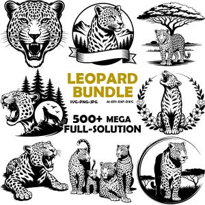 Könnte beinhalten: Eine Sammlung von schwarz-weißen Leopard-Designs, darunter ein brüllender Leopardkopf, Leoparden in Kreisen und ein Leopard mit einem Baum. Der Text "LEOPARD BUNDLE" und "500+ MEGA FULL-SOLUTION" ist ebenfalls enthalten.