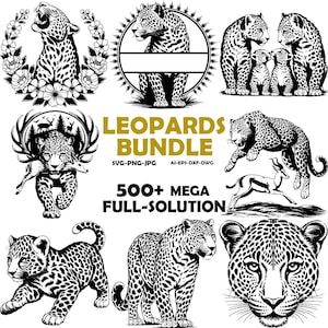May include: A collection of black and white leopard illustrations in various poses, including a roaring leopard, a leopard with a deer, and a leopard family. The text "LEOPARDS BUNDLE" and "500+ MEGA FULL-SOLUTION" are also present.
