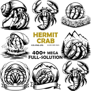 May include: A collection of black and white hermit crab illustrations in various poses. The image includes the text "HERMIT CRAB" and "400+ MEGA FULL-SOLUTION". The illustrations are suitable for graphic design projects.