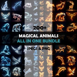 Peut inclure: Collection d'art numérique avec plus de 200 animaux magiques, dont un loup, un requin, un ours et un dragon, avec des effets lumineux. Le texte indique "MAGICAL ANIMALS ALL IN ONE BUNDLE" et "JPEGS & PNG".