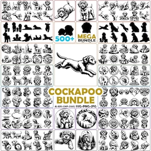 Puede incluir: Una colección digital de más de 500 ilustraciones, siluetas y diseños gráficos de perros Cockapoo en blanco y negro. El paquete incluye varias poses, escenas y marcos circulares, con el texto 500+ MEGA BUNDLE y COCKAPOO BUNDLE.