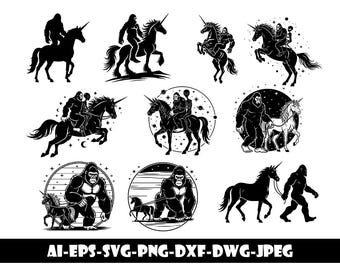 Bigfoot mit Einhorn Vektorgrafik für DIY Kunsthandwerk und Projekte | Big Foot SVG, PNG, Dxf, Ai | Cricut, Silhouette Sofort-Download
