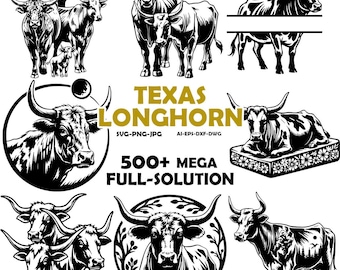 Lot de 500 motifs de taureau PNG et SVG pour gravure ou impression laser, Texas Longhorn, bœuf, tête de taureau, rodéo, taureau à la ferme, scène western Matador