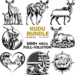 May include: A collection of black and white Kudu animal designs. The images include a Kudu family, a Kudu with a striped pattern, and a Kudu with a blank banner. The text "KUDU BUNDLE" and "500+ MEGA FULL-SOLUTION" are also included.
