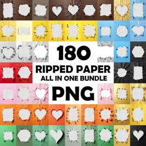 以下が含まれることがあります： さまざまな色と形をした180個の破れた紙のデザインのコラージュ。ハート、正方形、不規則な形が含まれています。「180 RIPPED PAPER ALL IN ONE BUNDLE PNG」というテキストが大きく表示されています。