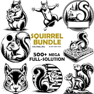 May include: A collection of black and white squirrel illustrations. The image includes various squirrel designs, some with detailed fur and poses, and text that reads "SQUIRREL BUNDLE" and "500+ MEGA FULL-SOLUTION".
