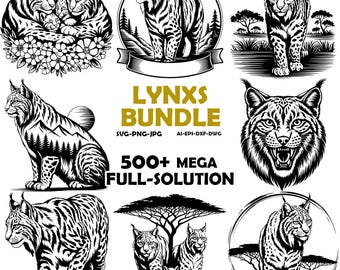 Paquete de diseños detallados de lince rojo, lince y gato montés en formato PNG y SVG para grabado o impresión láser. Cabeza de lince rojo, naturaleza, occidental, nativo, montaña.