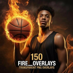 Può includere: Illustrazione digitale di un giocatore di basket con un pallone avvolto dalle fiamme. L'immagine include il testo "150 FIRE_OVERLAYS TRANSPARENT PNG OVERLAYS" in oro, suggerendo un prodotto di arte digitale.