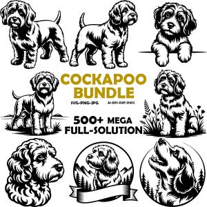 Op de afbeelding: Een verzameling zwart-wit illustraties van Cockapoo honden in verschillende poses. De afbeelding bevat de tekst "COCKAPOO BUNDLE" en "500+ MEGA FULL-SOLUTION" in goud, samen met bestandsaanduidingen.